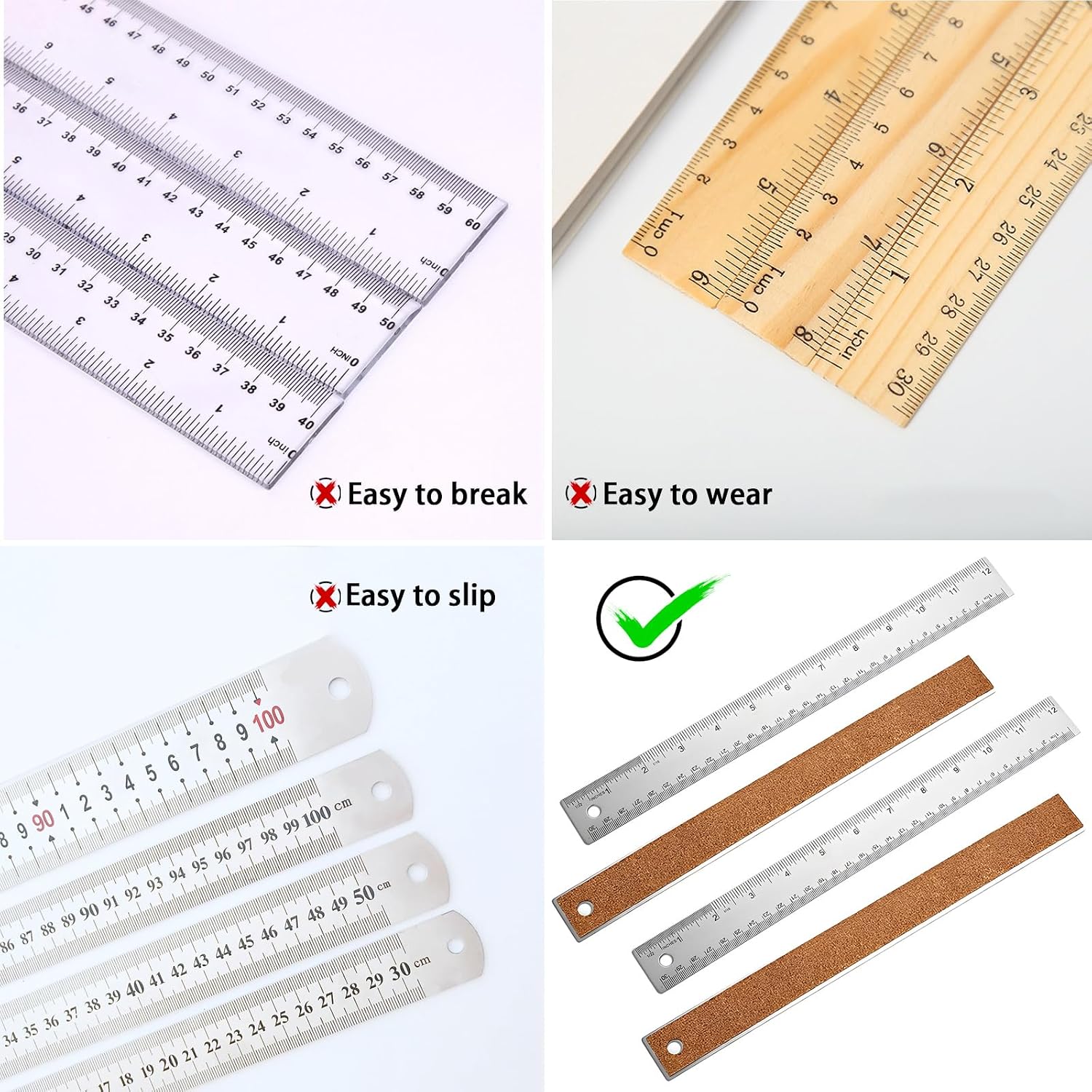 4PCS 12" Metal Ruler, Imperial & Metric, Stainless Steel with Cork Backing - Image 3